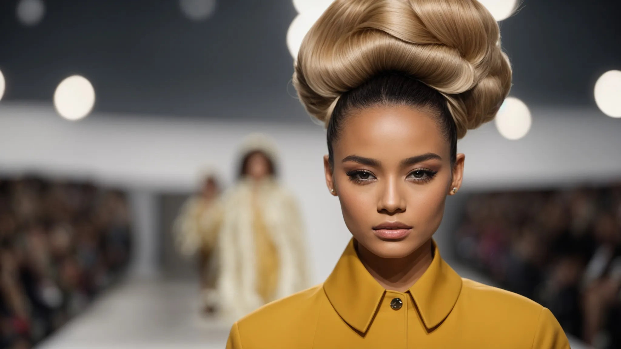 Old-School Glam: Exploring the Vintage Hairstyle Revival 4 a model walks down the runway showcasing a revamped beehive hairstyle accented with sleek, contemporary lines.
