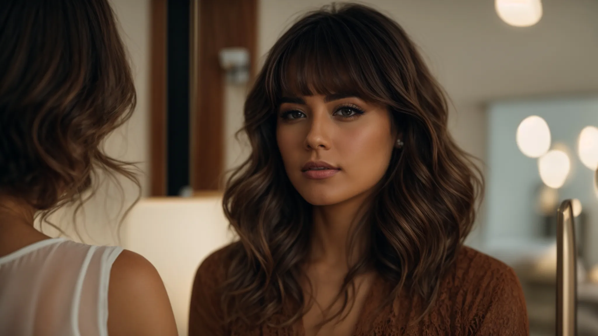 Old-School Glam: Exploring the Vintage Hairstyle Revival 6 a woman admires her reflection in a mirror, her brown hair styled in a perfect voluminous lob with curtain bangs.