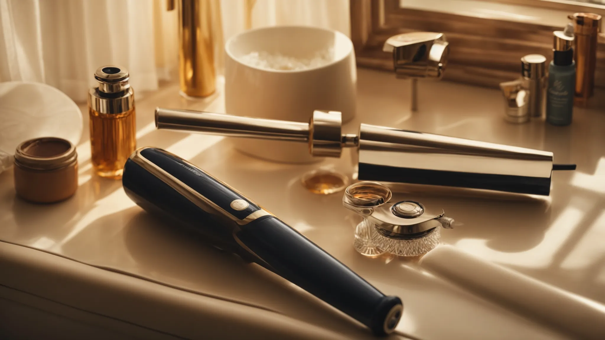 Old-School Glam: Exploring the Vintage Hairstyle Revival 3 a curling iron lays atop a vintage vanity beside an open hair styling guide, surrounded by soft lighting.