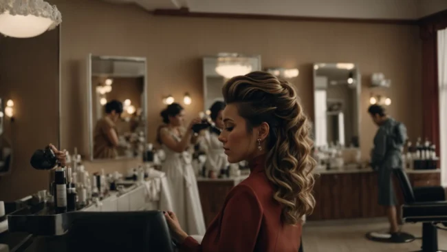 a hairdresser styles a woman's hair into an elegant, classic wave, surrounded by vintage salon decor.