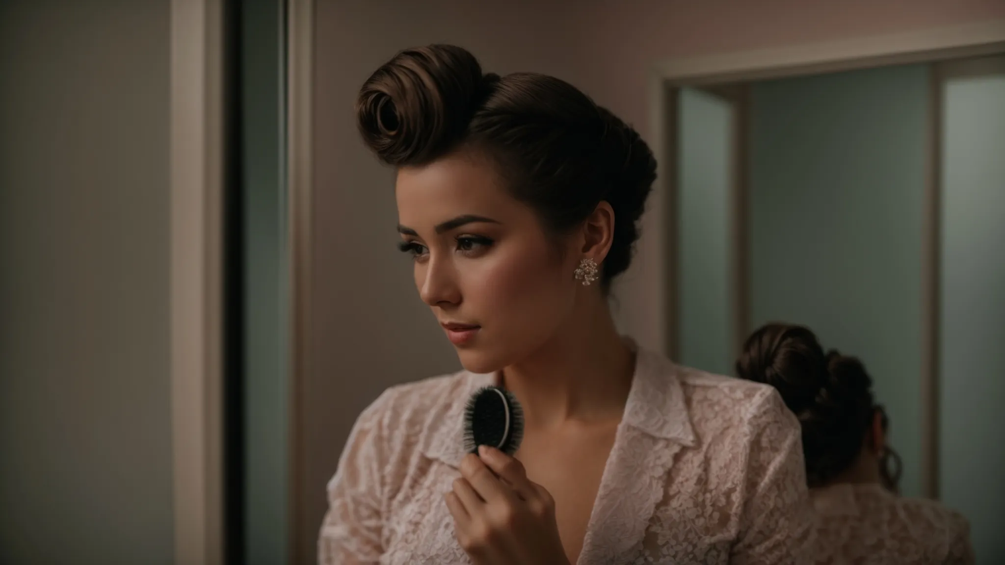 Old-School Glam: Exploring the Vintage Hairstyle Revival 2 a woman in front of a mirror, her hair styled in elegant victory rolls.