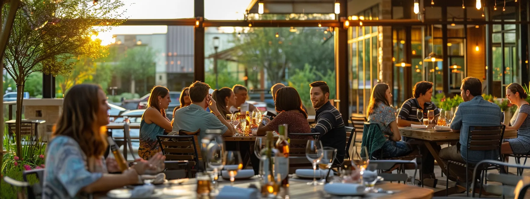 a group of people enjoying a celebratory event at an upscale restaurant in north dallas with a beautifully decorated private dining room and stunning outdoor space.