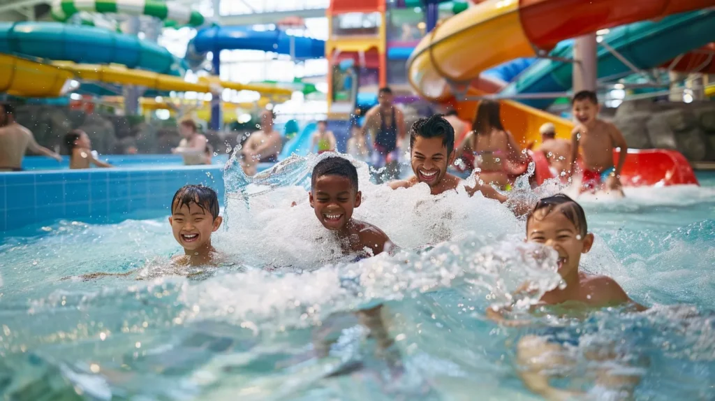 Top Hotels with Water Parks in Dallas, TX: Ultimate Family Getaway Guide 4 a family joyously splashes in the crystal clear waters of an indoor water park hotel, surrounded by colorful slides and playful water features.
