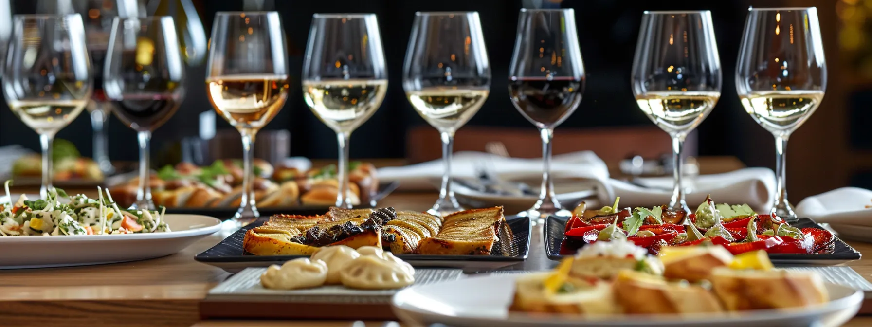 a table with an array of elegant wine glasses filled with different shades of red and white wines, paired with a variety of gourmet dishes.