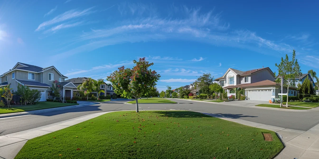 a panoramic view of a serene suburban neighborhood with neatly manicured lawns and modern houses under a clear blue sky.