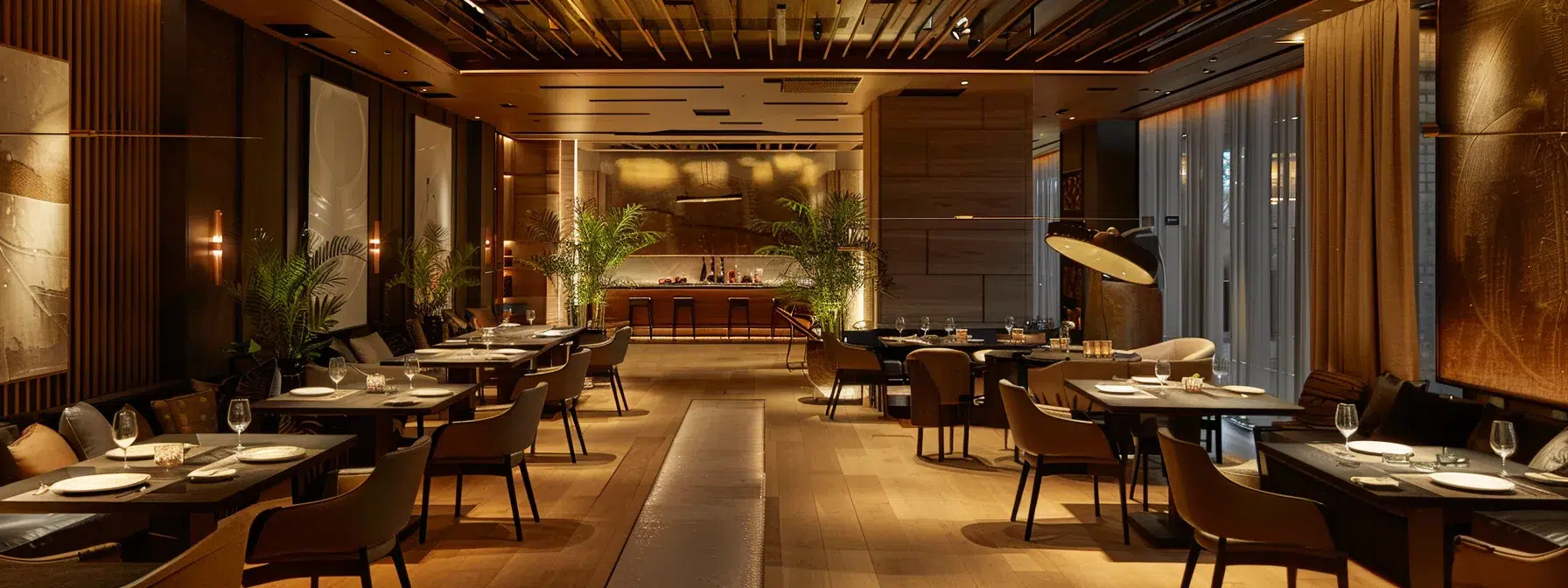 elegant dining room with modern design and ambient lighting.
