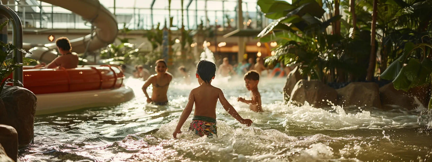 Top Hotels with Water Parks in Dallas, TX: Ultimate Family Getaway Guide 5 children playing in a water park while parents relax at a spa nearby.