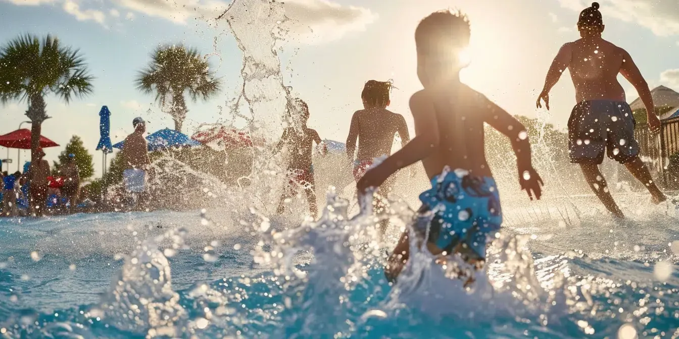 family splashing and having fun at a water park in dallas, tx.