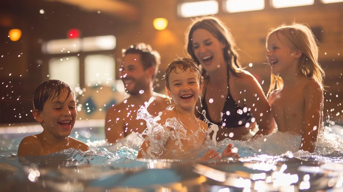 Top Hotels with Water Parks in Dallas, TX: Ultimate Family Getaway Guide 2 families laughing and splashing in an indoor water park at a hotel in dallas.