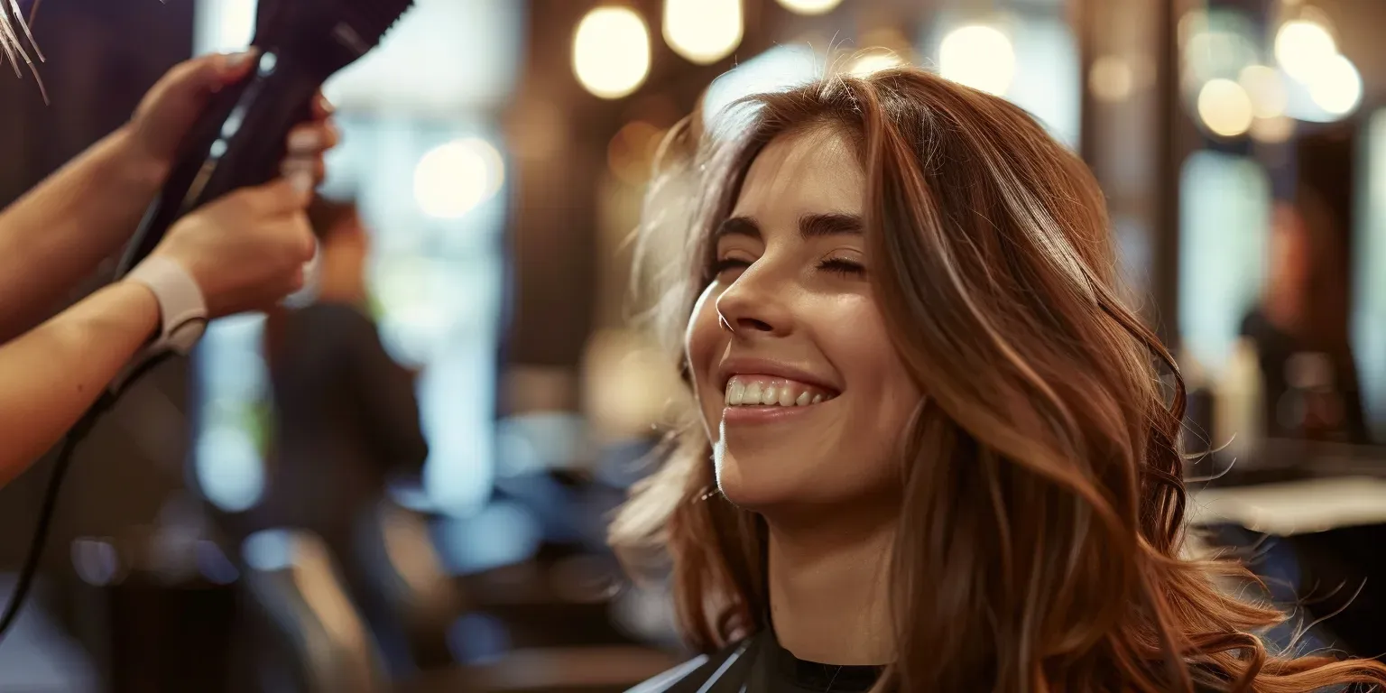 0642331b-cd05-4040-96cc-15cdfe880fac.webp A brown haired woman smiling while having her hair styled.