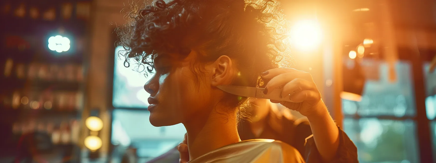 Curly Hair Cutting Techniques for Beautifully Defined Curls 5 a stylist trimming curly hair in a salon.