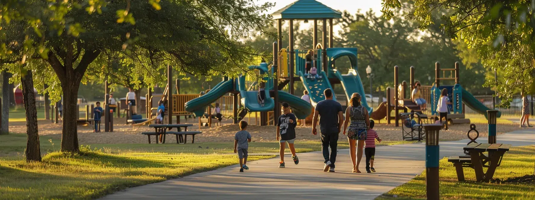 Analyzing North Dallas Home Price Trends 4 a family walking towards a community park with playground equipment and picnic tables.