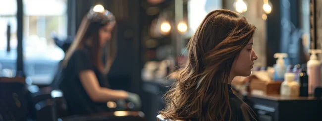 a woman sitting in a salon chair, getting her long hair styled into layers by a hairdresser.