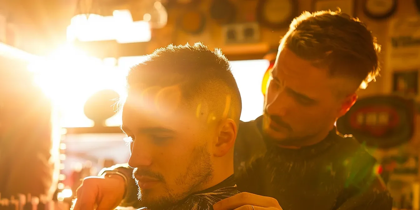 a man confidently getting a trendy undercut hairstyle at a barber shop.