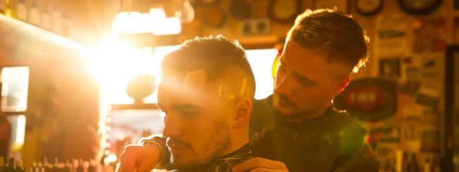 a man confidently getting a trendy undercut hairstyle at a barber shop.