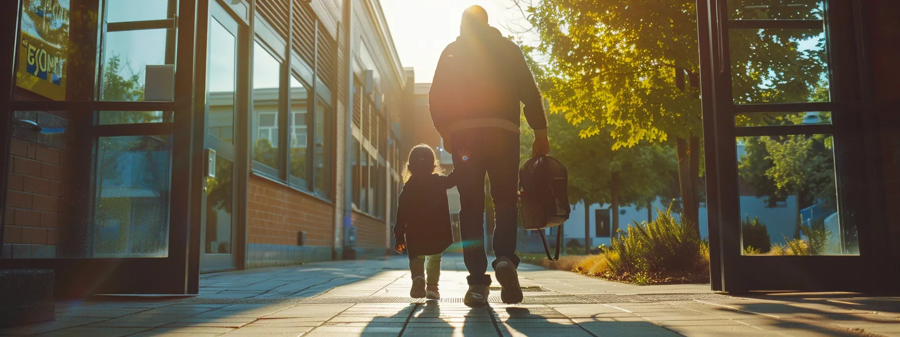 Insights Into Premier North Dallas Elementary Schools 5 a parent and child walking hand in hand towards the entrance of a school, looking focused and determined.