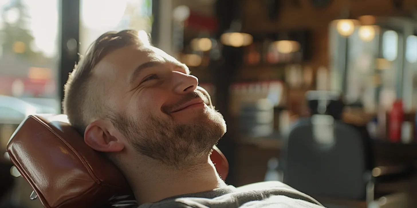 Show a wide 50mm shot of a happy man sitting in a salon chair with a fresh new fade cut. Slightly blur the background so the main focus is on the man and his new fade cut.