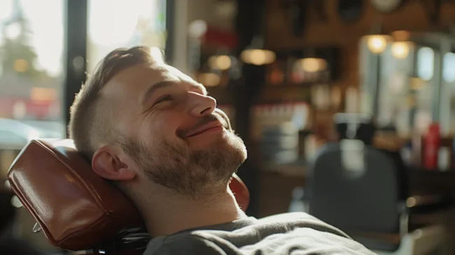 Show a wide 50mm shot of a happy man sitting in a salon chair with a fresh new fade cut. Slightly blur the background so the main focus is on the man and his new fade cut.