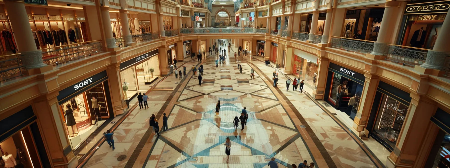 Experience Premier Luxury Shopping in North Dallas Centers 4 shoppers browsing through a grand and luxurious mall filled with designer brands.