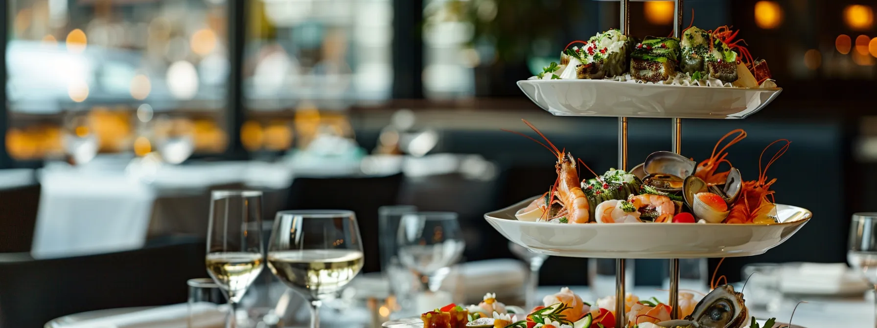 Discover North Dallas' Premier Fine Dining Destinations 3 an elegant restaurant setting with a beautifully presented seafood tower and a glass of wine on the table.