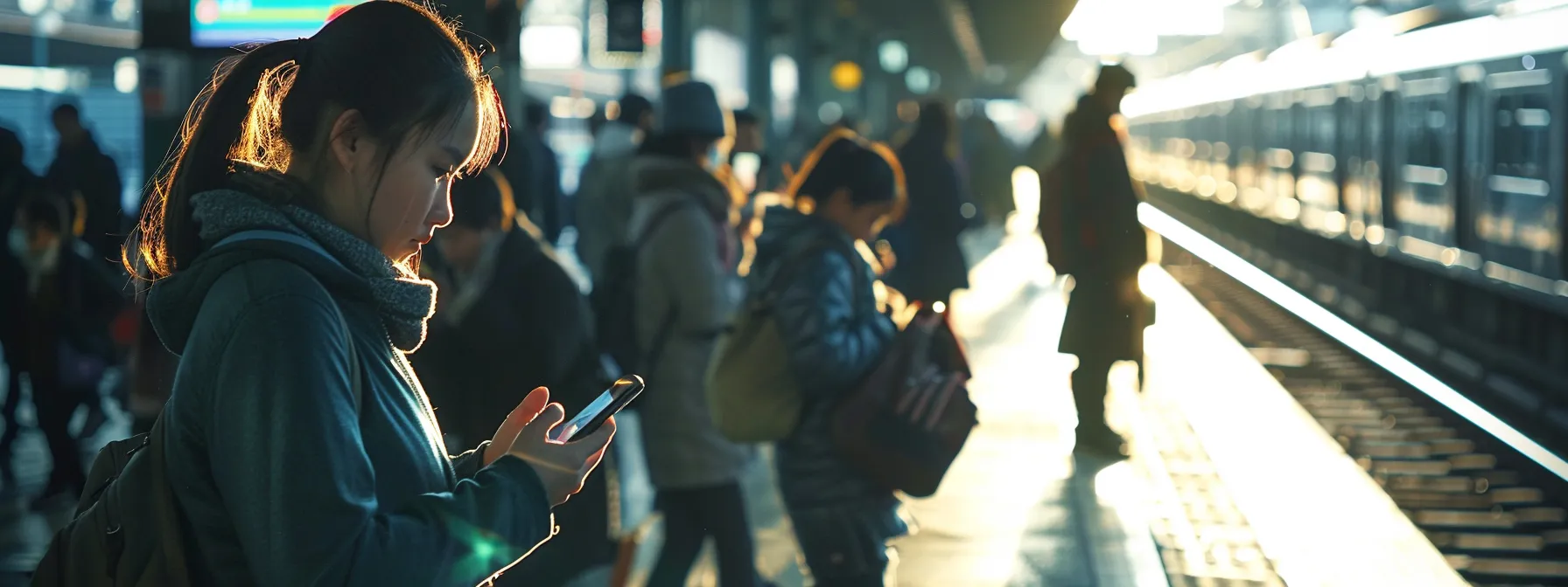 Discover North Dallas Transit Options 4 passengers checking their phones for transportation alerts and news in a busy train station.