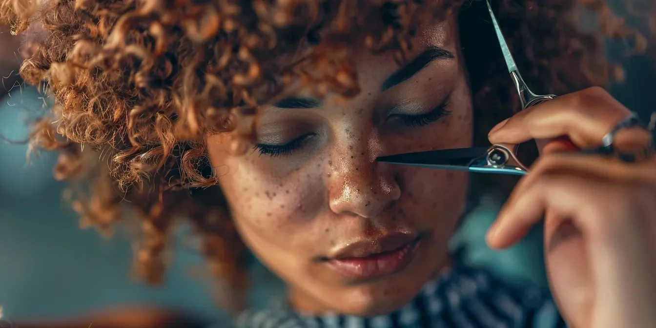 efa23500-8620-4dbd-bff0-07ecc8c5cc1a.webp a hair stylist using scissors to shape and define curls on curly hair.