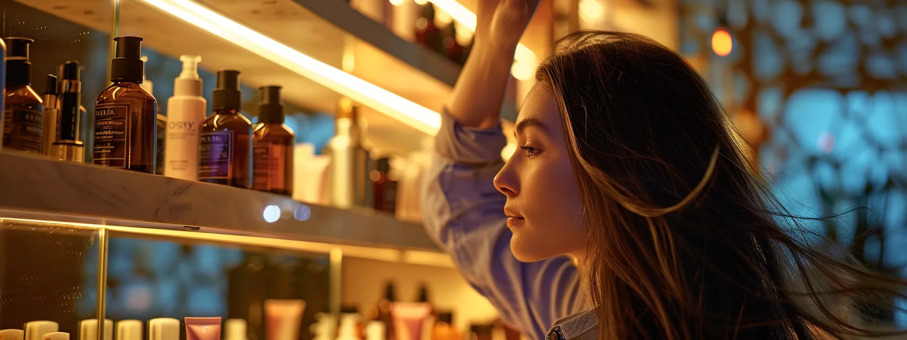 Essential Long Hair Care Routine for Vibrant, Healthy Hair 4 a woman applying nourishing hair oil to her long, glossy locks, with a shelf filled with various treatment products in the background.