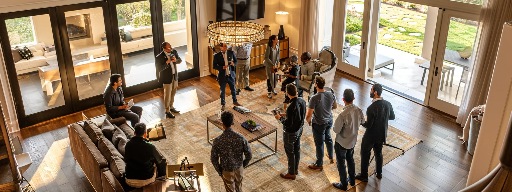 a diverse group of affluent homebuyers mingling at an upscale north dallas estate, discussing market trends and preferences post-covid.