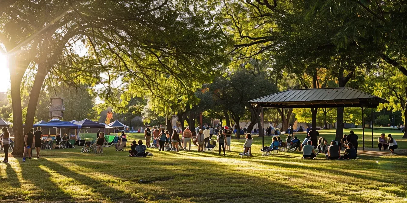 people gathered in a park for a community event in north dallas.
