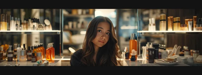 a woman with shiny, long hair sitting at a vanity surrounded by various hair care products.