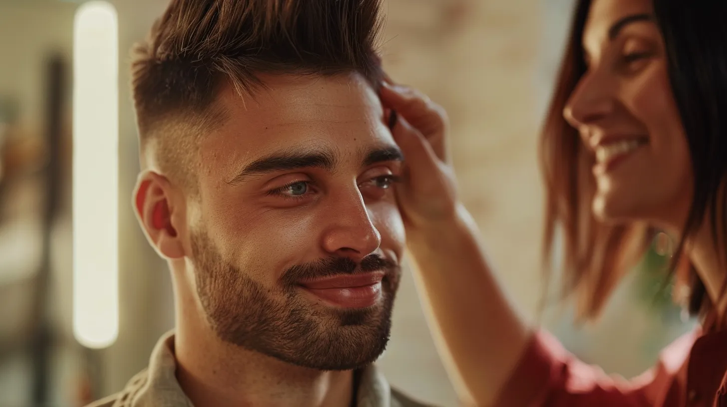 Modern and Trendsetting Short Hairstyles for Men 4 Show a medium close shot of a stylish man with a fade haircut style and a woman smiling and touching his fade cut with approval.