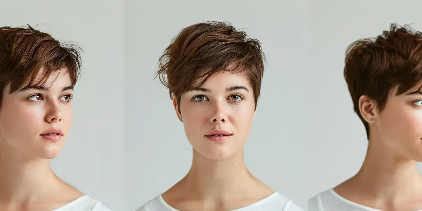 672861df-0a0d-486b-a8f1-38fc64c6ec03.webp a woman with a pixie cut styled differently to suit various face shapes.