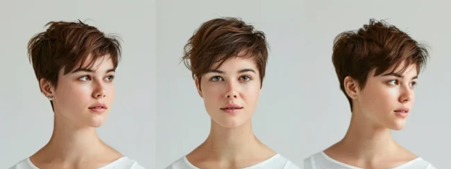a woman with a pixie cut styled differently to suit various face shapes.