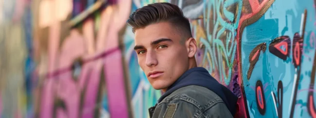 Young man posing in front of a vibrant graffiti wall, displaying a modern short hairstyle typical of trendsetting looks for men. He wears a casual denim jacket and looks over his shoulder with a confident expression, embodying youthful and urban style.
