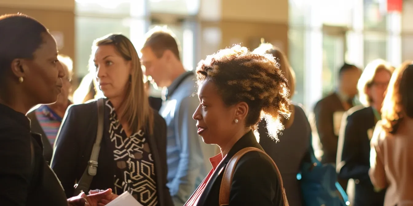 7eec2f8f-a12c-41e5-bdcb-11bfae467ff1.webp a diverse group of professionals networking at a vibrant job fair in north dallas.