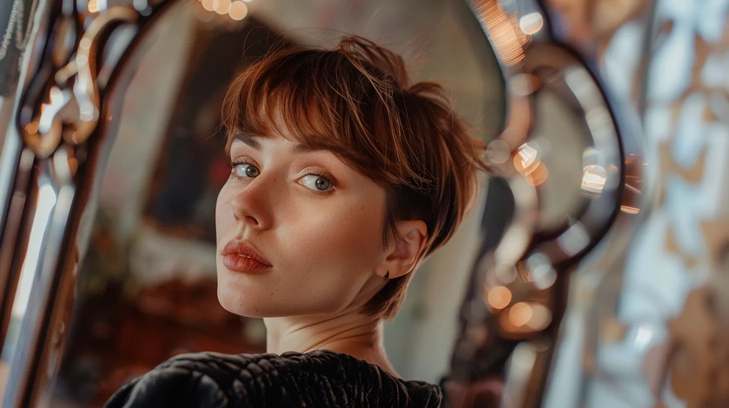 Customize Your Look: Types of Bangs for All Hair Lengths 1 a woman with a pixie cut trying on different styles of bangs in front of a mirror.