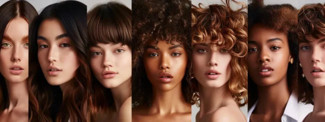 a variety of bang styles on display on different hair lengths.