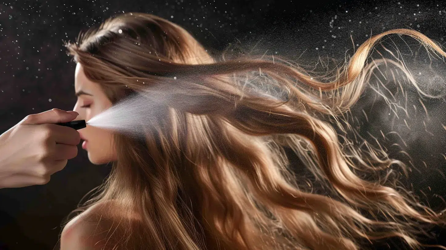 Essential Long Hair Care Routine for Vibrant, Healthy Hair 5 a woman using a heat protectant spray on her long, flowing hair before using a styling tool.