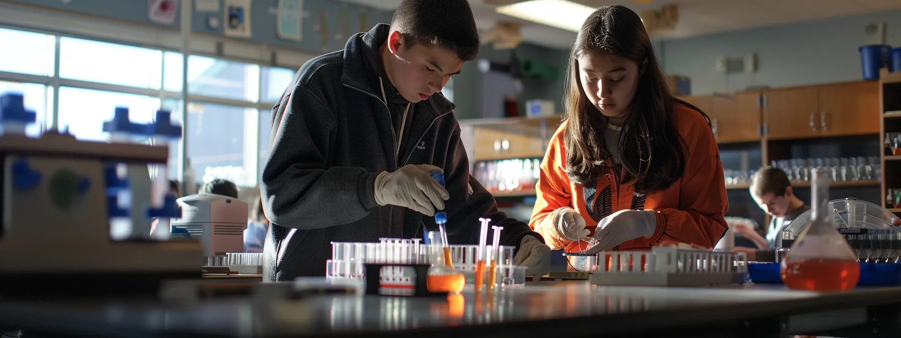 Discovering Premier High Schools in North Dallas 2 students engaged in hands-on experiments in a high school stem lab.