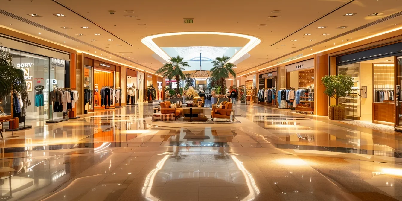 ec4aa5c4-f406-41cd-83c0-3c73a61073b6.webp Luxurious shopping mall interior with reflective floors showcasing a range of high-end stores. The scene features an opulent seating area under a glowing circular light fixture, palm trees, and designer boutiques lining the sides, capturing the essence of upscale retail therapy.