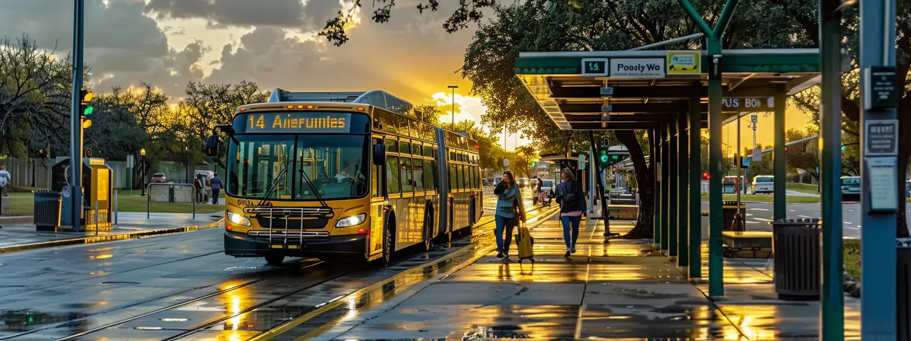Comprehensive Guide to DART Services in North Dallas 2 a commuter confidently boarding a dart bus near lake ray hubbard, surrounded by frequent buses and trams, with a clear schedule and map in hand.