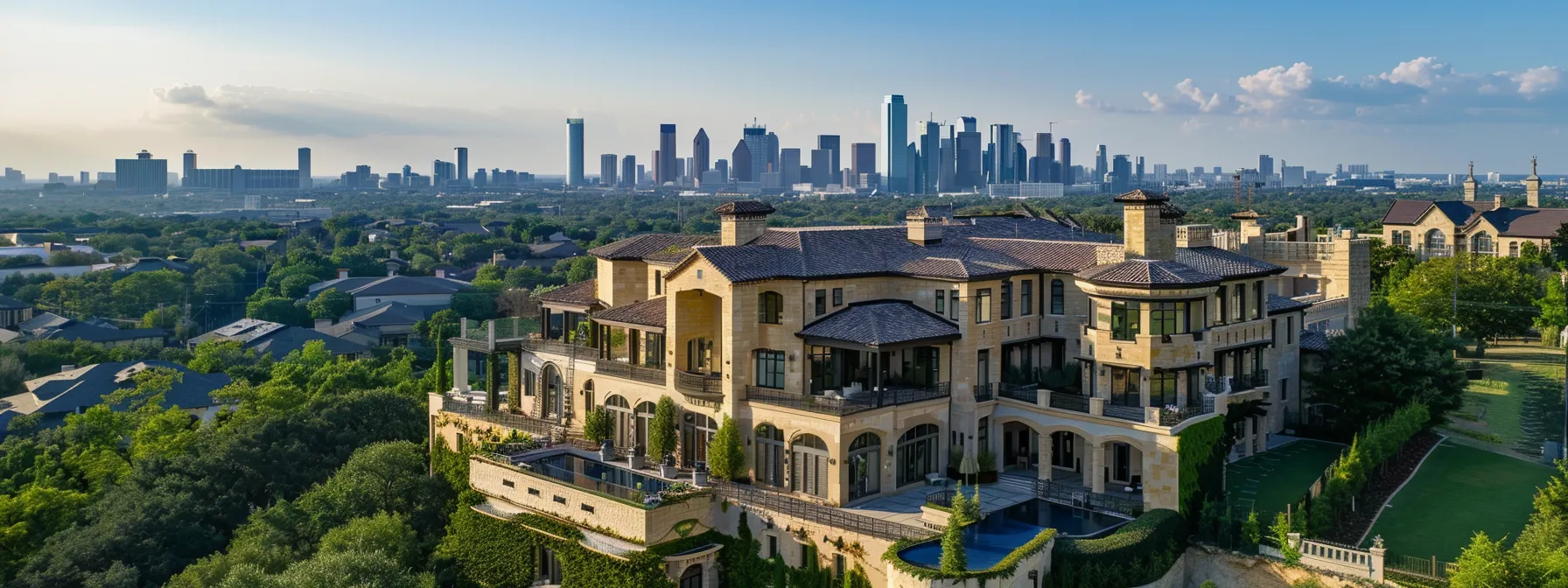 a luxurious mansion in north dallas overlooking the city skyline, showcasing modern architecture and upscale amenities.