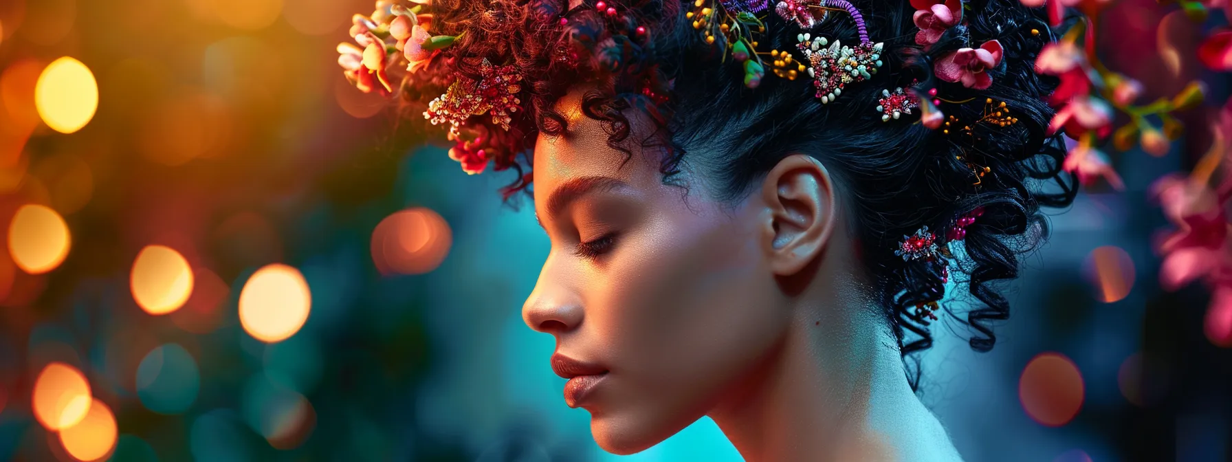 Curly Hair Styling Tips: Mastering Effortless Looks 3 a woman with bouncy curls styled elegantly in a half-up hairdo, adorned with colorful hair accessories for a touch of flair.