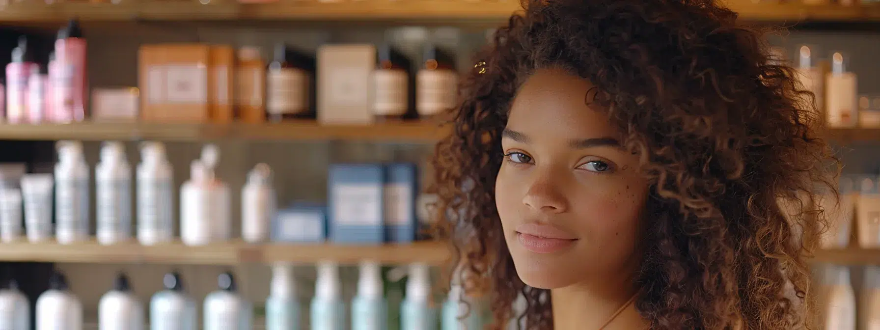 Unlocking the Best Haircuts for Curly Hair: A Guide to Perfect Curls 5 a woman with beautifully defined, healthy curls, standing confidently with a shelf of carefully selected hair care products in the background.