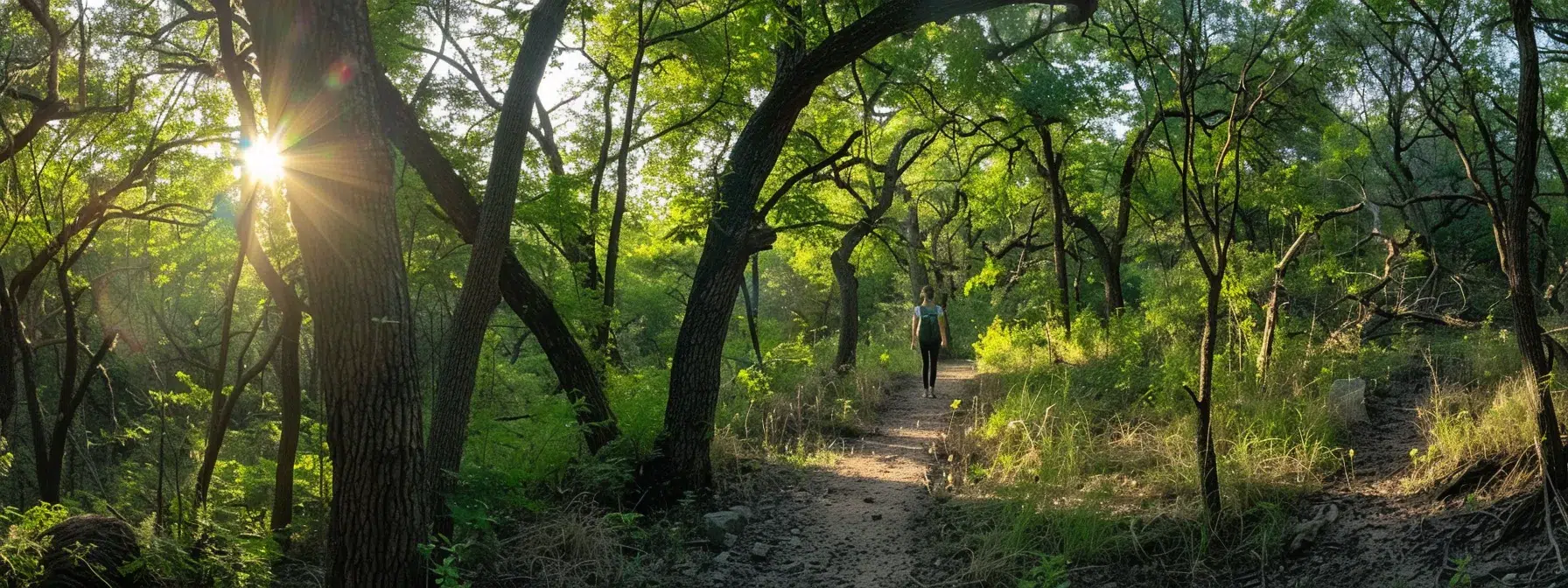 Unveiling Secret Hiking Trails in North Dallas 1 a hiker standing on a serene tree-lined trail in north dallas, surrounded by lush greenery and a sense of calm.