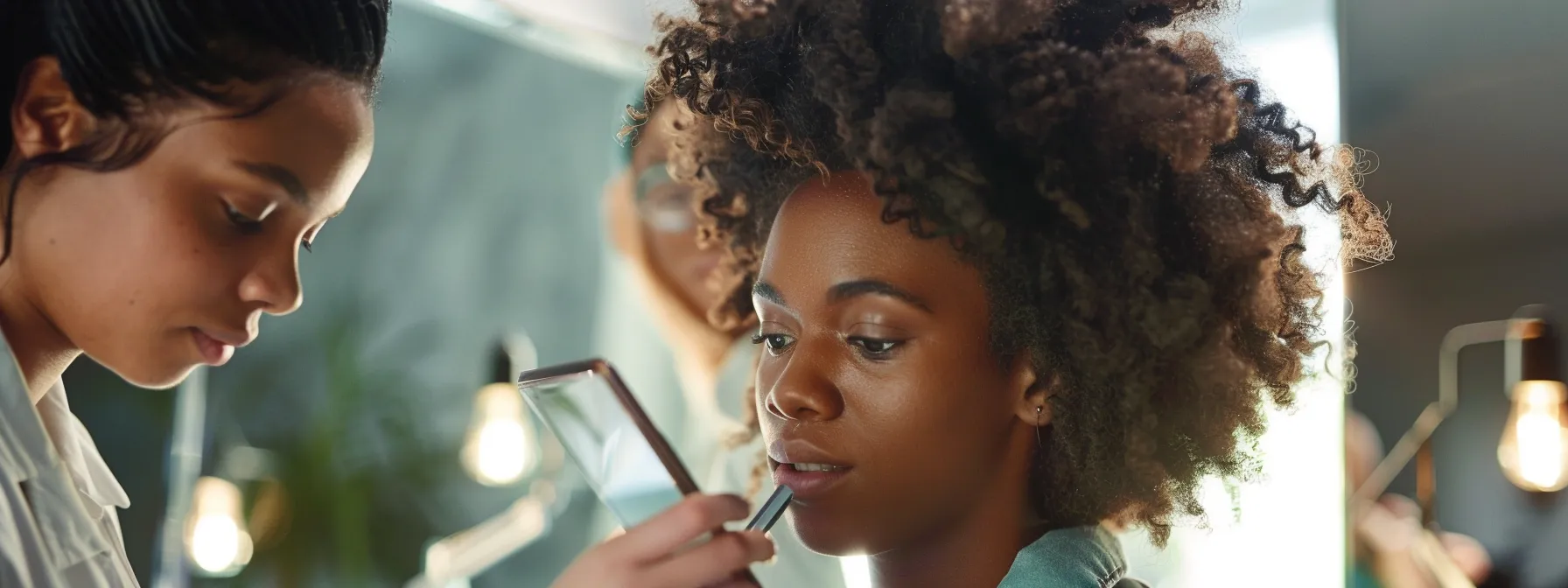 Layered Pixie Cut Examples & Styling Tips 3 a stylist carefully assessing the texture and thickness of a woman's hair while she looks at inspiration photos on a tablet.