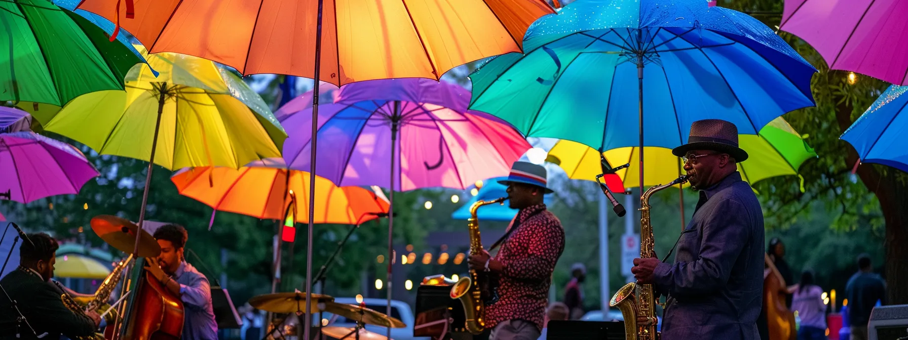 Your Guide to Iconic Cultural Events In North Dallas 1 a vibrant jazz band performing under a canopy of colorful umbrellas at the north dallas jazz festival.