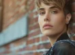A young woman with a stylish, layered pixie cut poses against a brick wall. Her short hair highlights her delicate facial features, complemented by her light makeup and a casual denim jacket. The soft, focused expression adds a touch of introspection to the scene, capturing a modern, urban aesthetic.