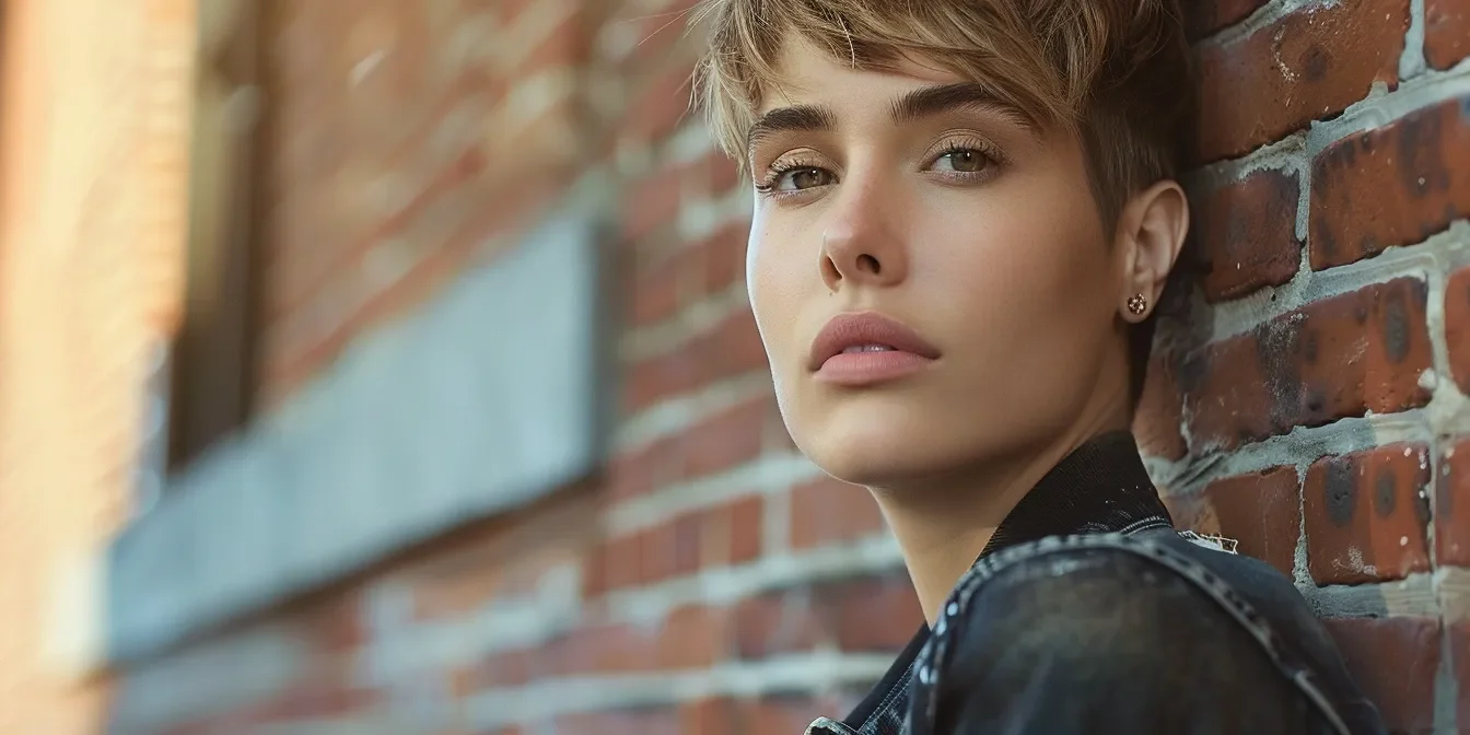 1735f1b6-e362-4f8e-b106-46bf2c171982.webp A young woman with a stylish, layered pixie cut poses against a brick wall. Her short hair highlights her delicate facial features, complemented by her light makeup and a casual denim jacket. The soft, focused expression adds a touch of introspection to the scene, capturing a modern, urban aesthetic.
