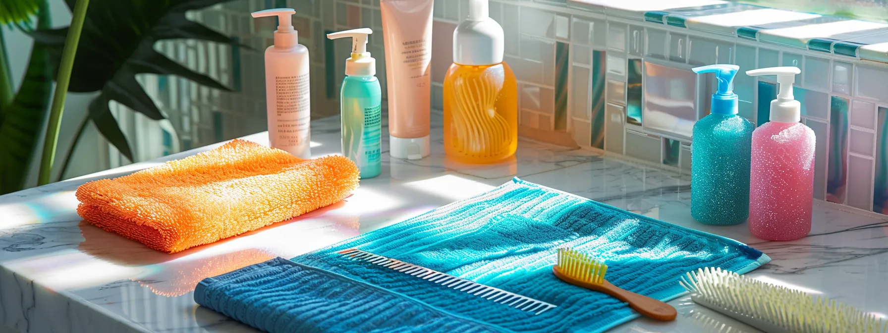 Curly Hair Styling Tips: Mastering Effortless Looks 2 a vibrant display of various hair care products, a wide-tooth comb, and a colorful microfiber towel laid out on a clean bathroom countertop.
